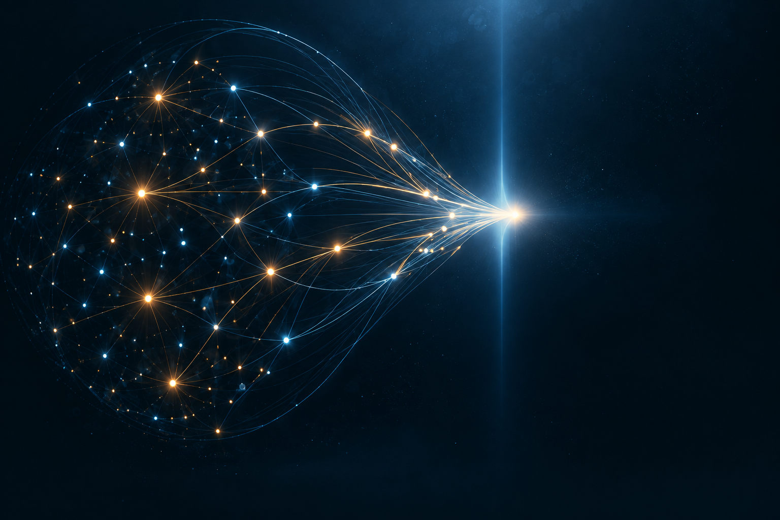 Blue and gold strands of business intelligence converge into a single bright point of light.